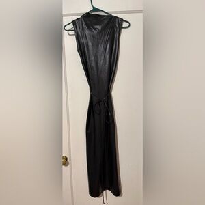 Sleek Black Backless Faux-Leather Maxi Dress with Adjustable Tie
